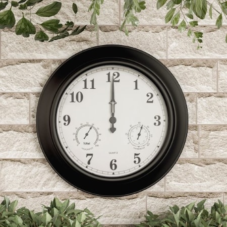 Wall Clock Thermometer, Indoor/Outdoor Decorative 18-inch Quartz Battery-Powered, Waterproof